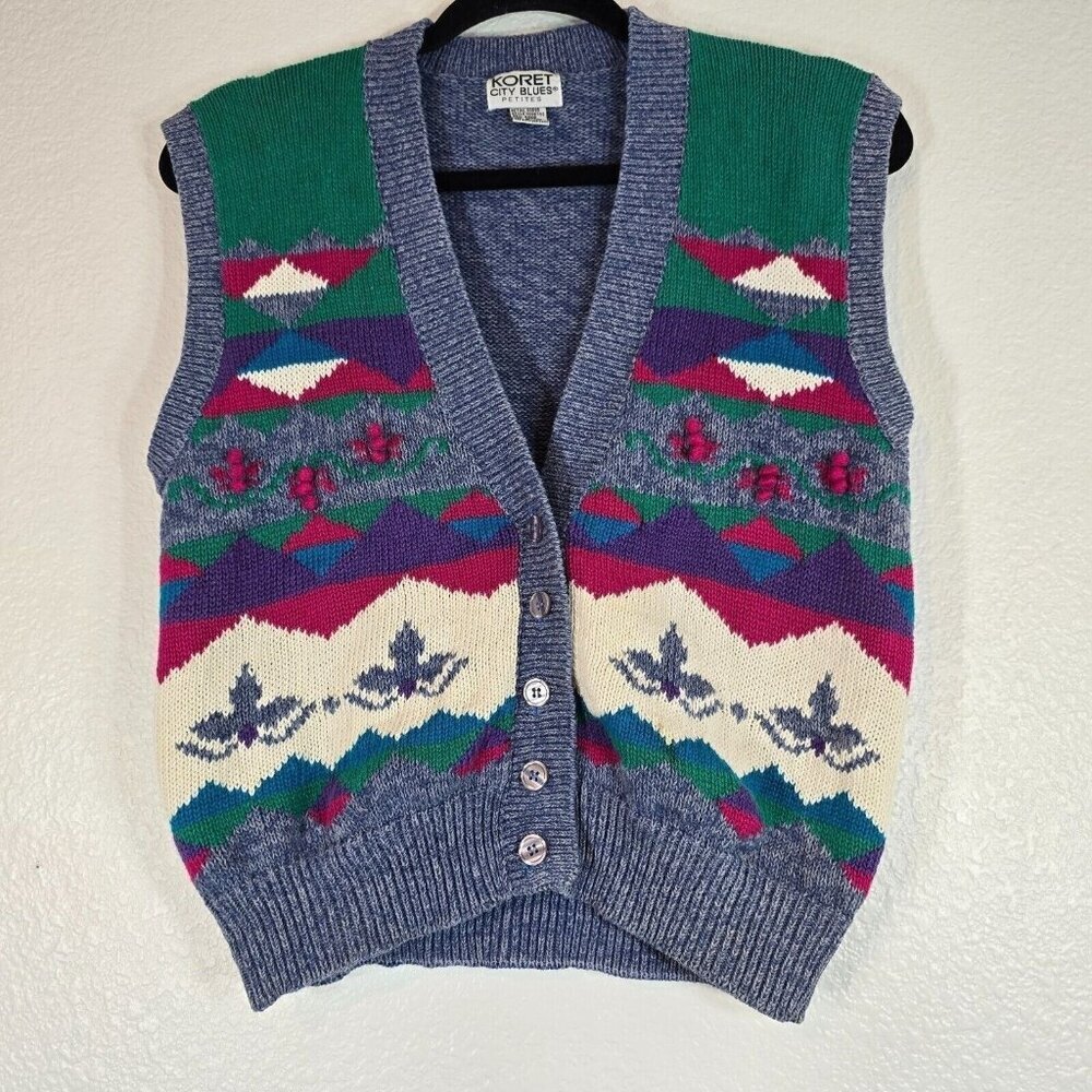 Koret City Blues Vtg Fair Isle Knit Vest Women Small Button Blue Grandma Cottage